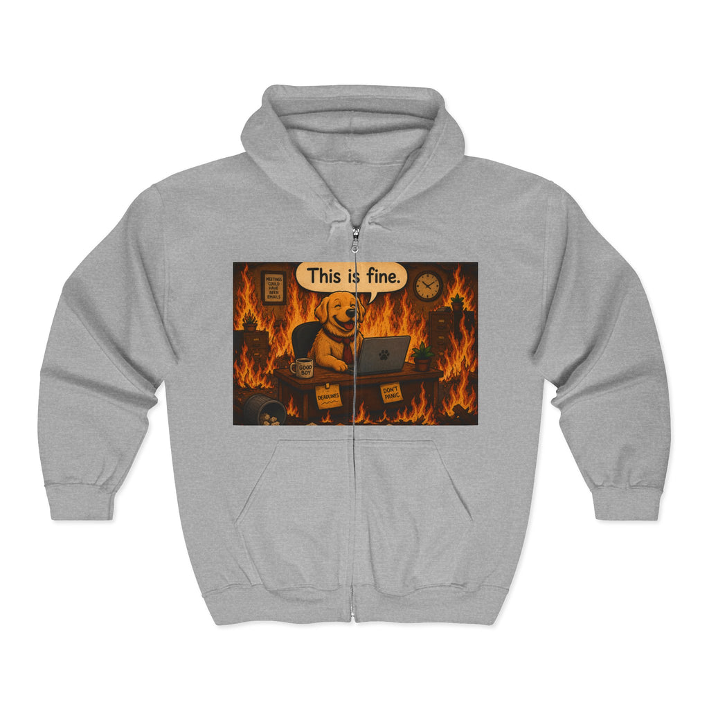 "This Is Fine" DOG at Desk | HY Graphic Zip-Up Hoodie