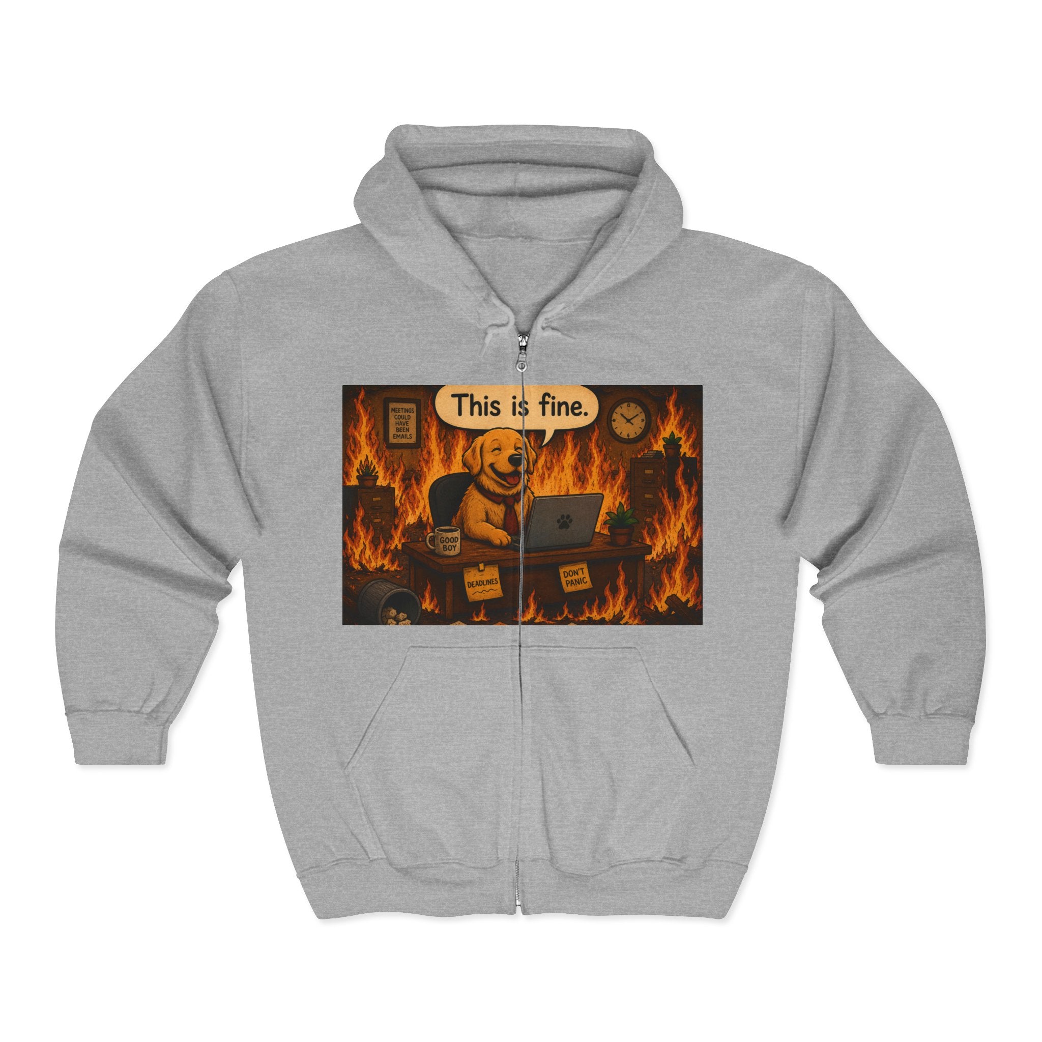 "This Is Fine" DOG at Desk | HY Graphic Zip-Up Hoodie