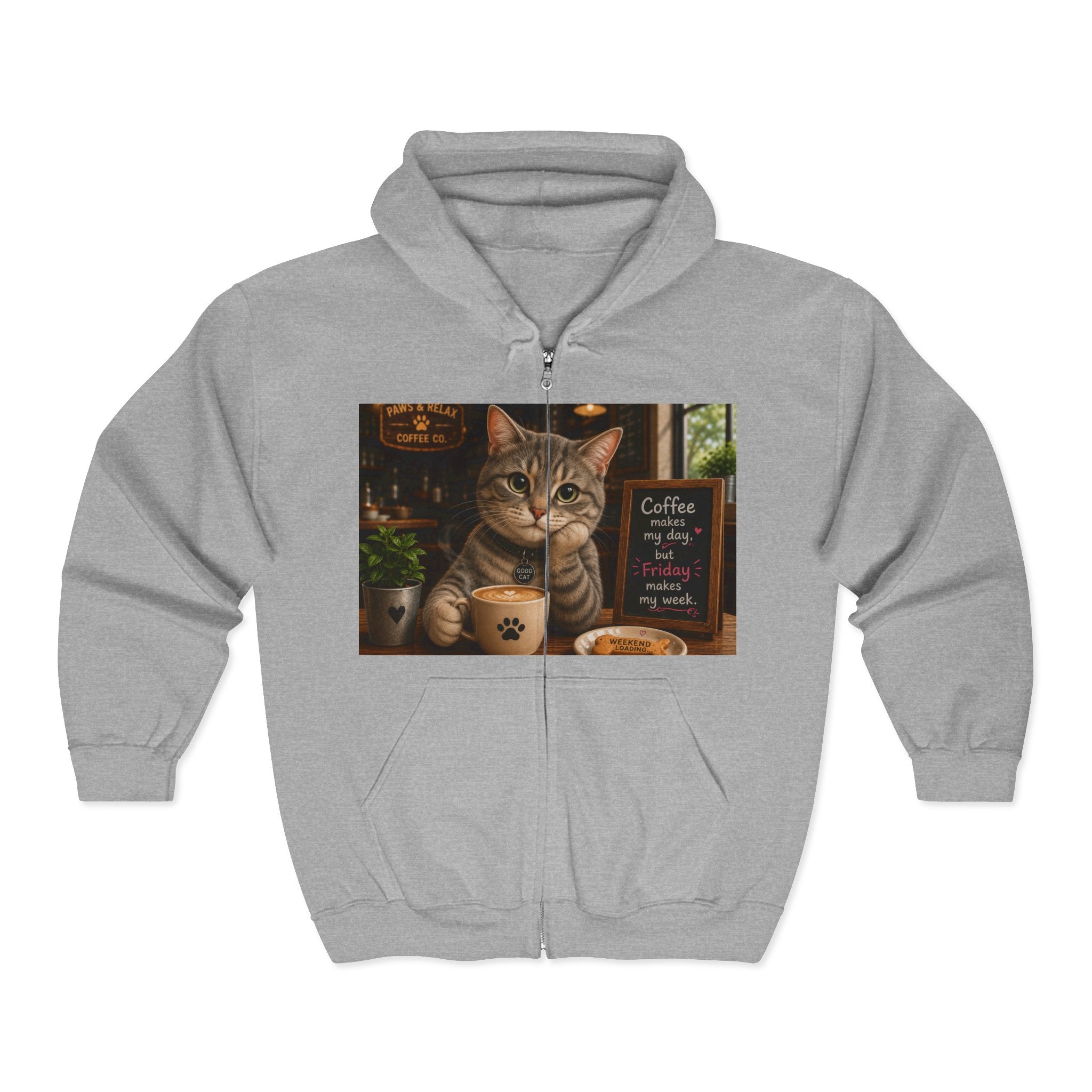 "Coffee makes my day, but Friday makes my week" CAT in café | HY Graphic Zip-Up Hoodie