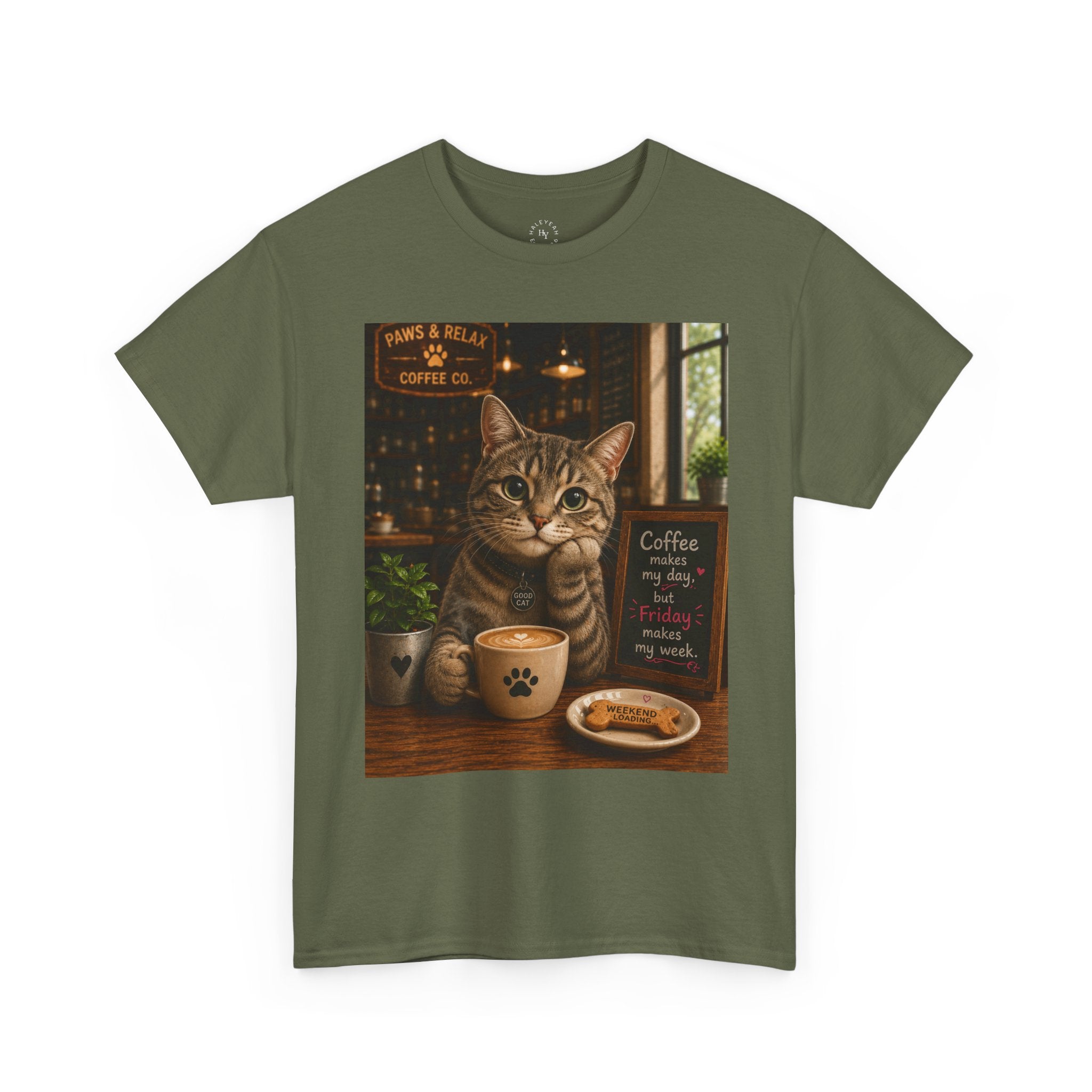 "Coffee makes my day, but Friday makes my week" CAT in Café | HY Graphic Tee