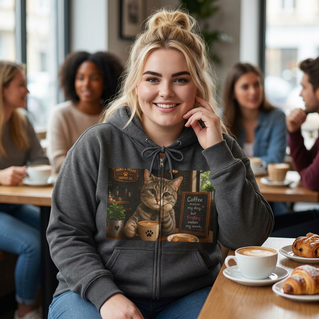 "Coffee makes my day, but Friday makes my week" CAT in café | HY Graphic Zip-Up Hoodie