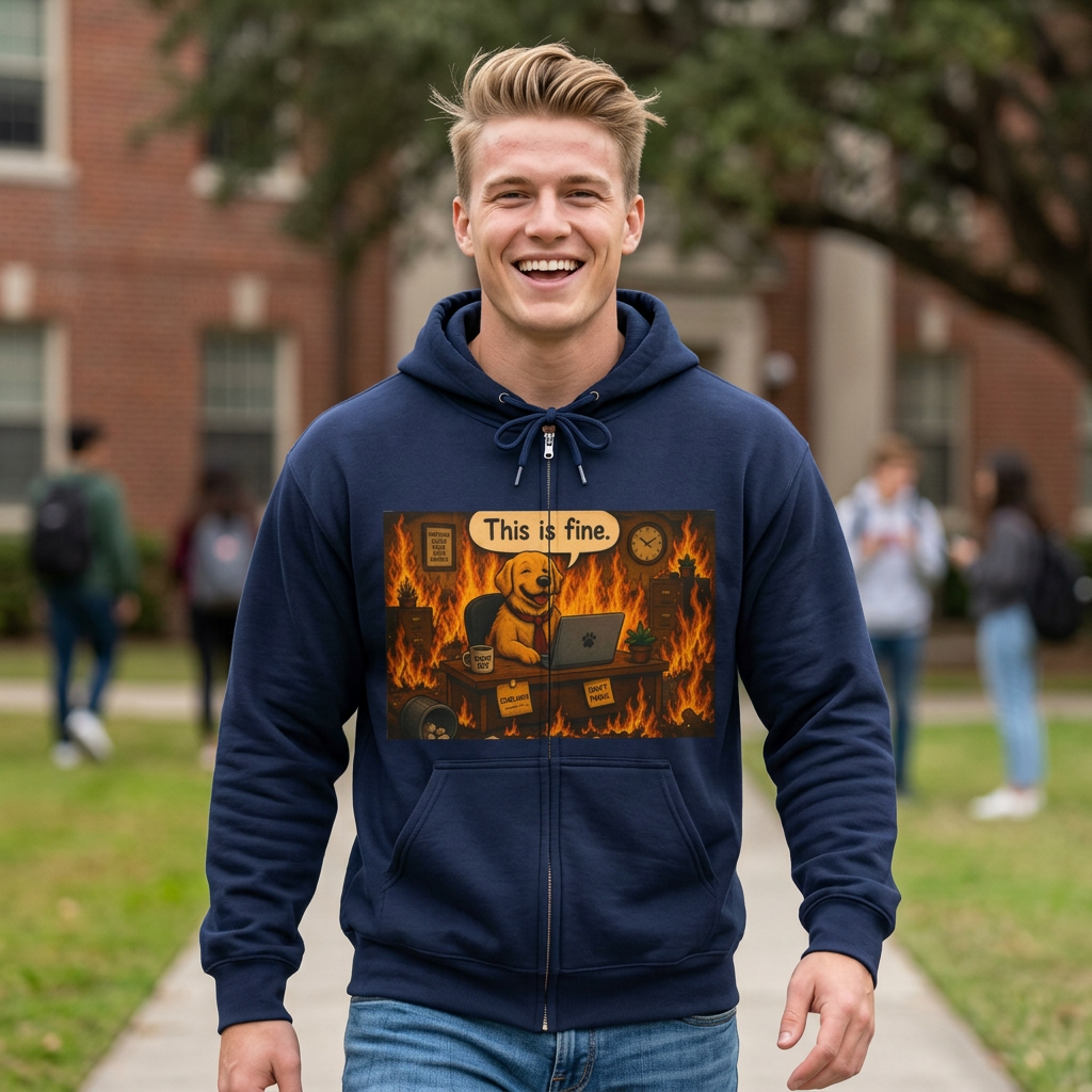 "This Is Fine" DOG at Desk | HY Graphic Zip-Up Hoodie