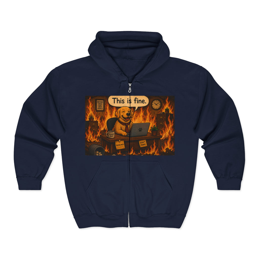 "This Is Fine" DOG at Desk | HY Graphic Zip-Up Hoodie