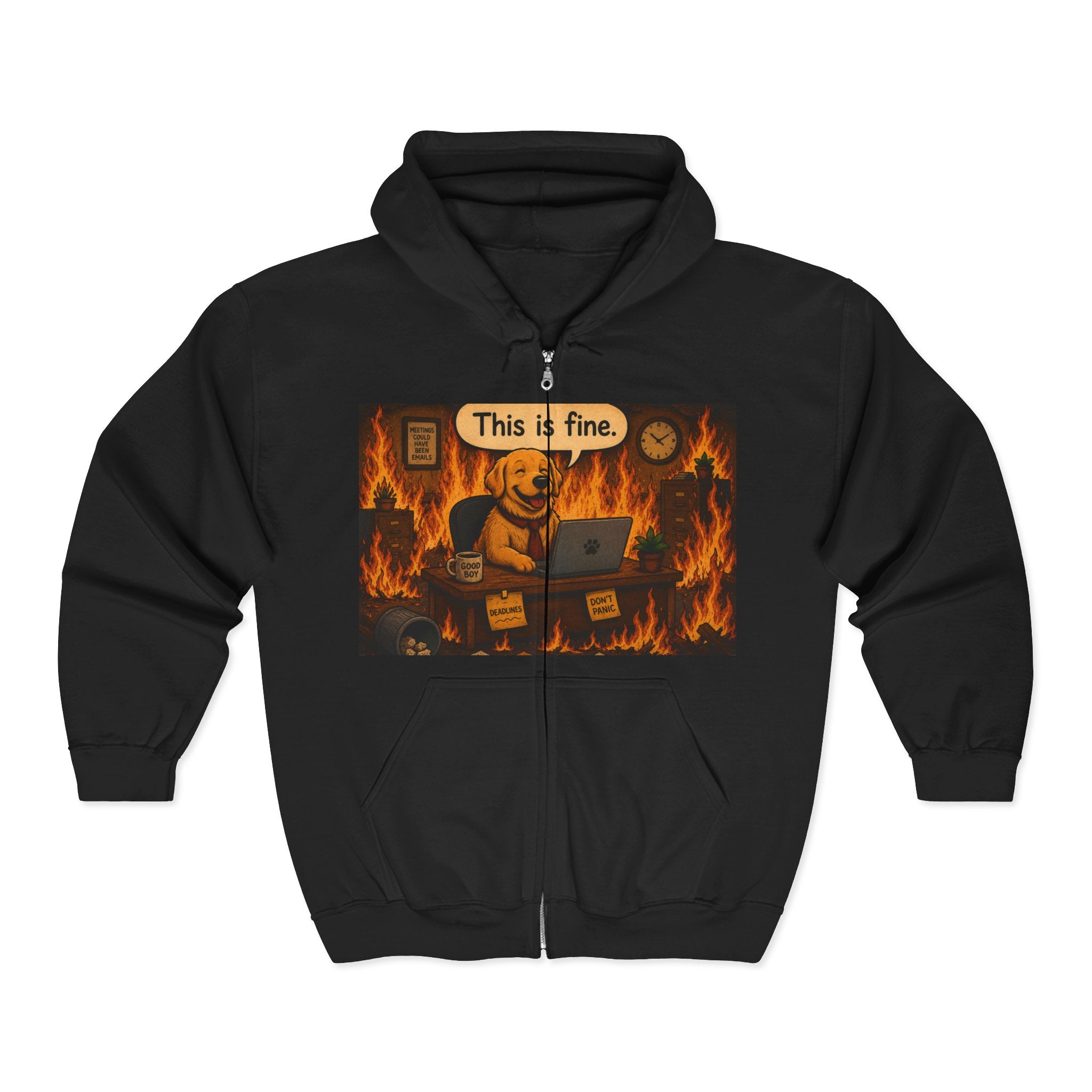 "This Is Fine" DOG at Desk | HY Graphic Zip-Up Hoodie