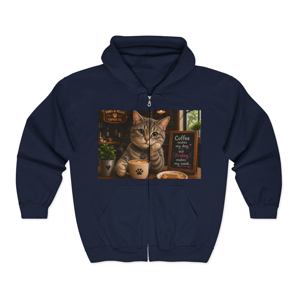 "Coffee makes my day, but Friday makes my week" CAT in café | HY Graphic Zip-Up Hoodie