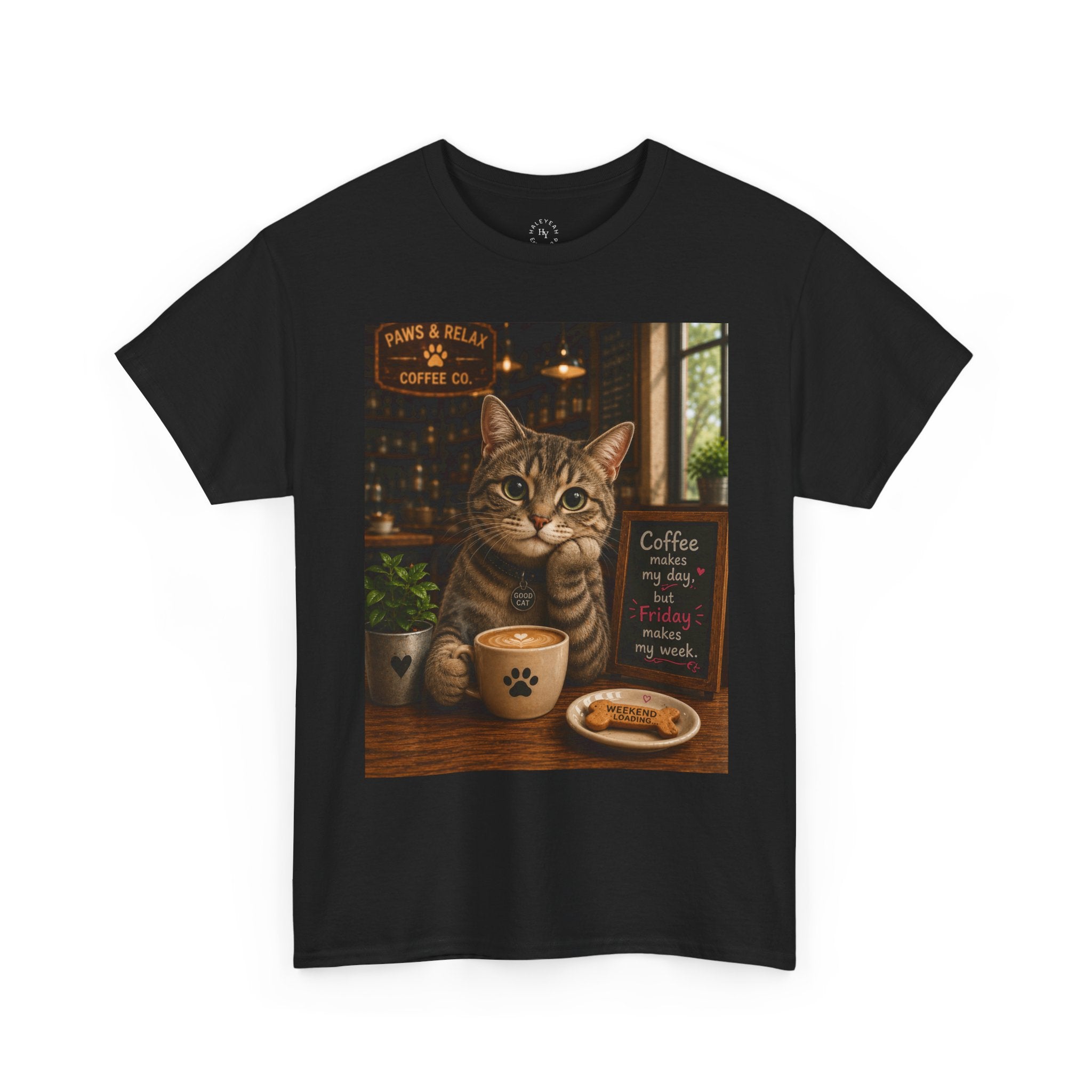 "Coffee makes my day, but Friday makes my week" CAT in Café | HY Graphic Tee