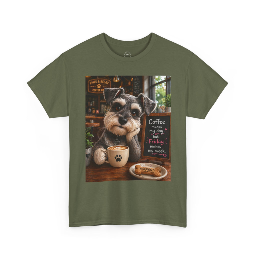 "Coffee makes my day, but Friday makes my week" DOG in café | HY Graphic Tee