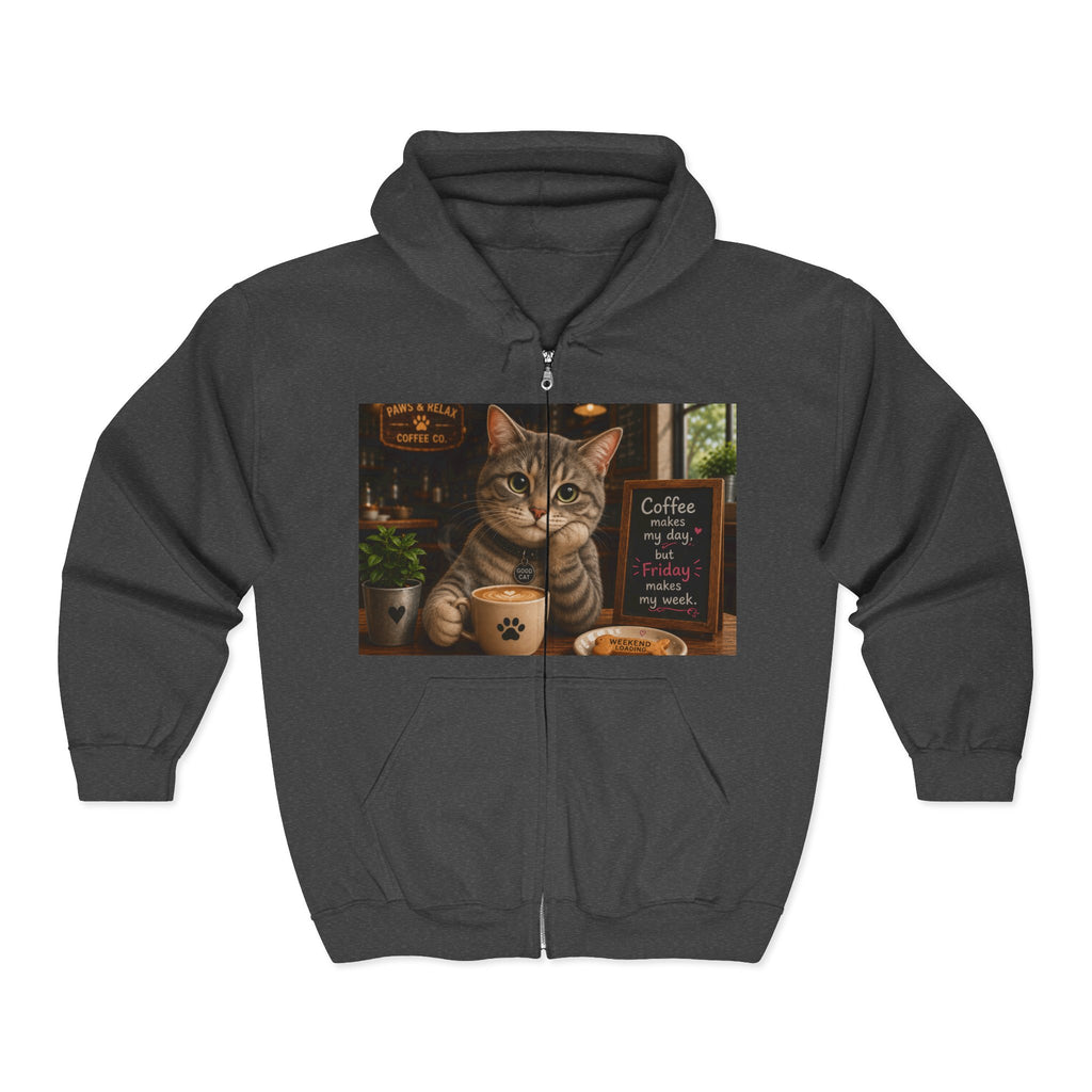 "Coffee makes my day, but Friday makes my week" CAT in café | HY Graphic Zip-Up Hoodie