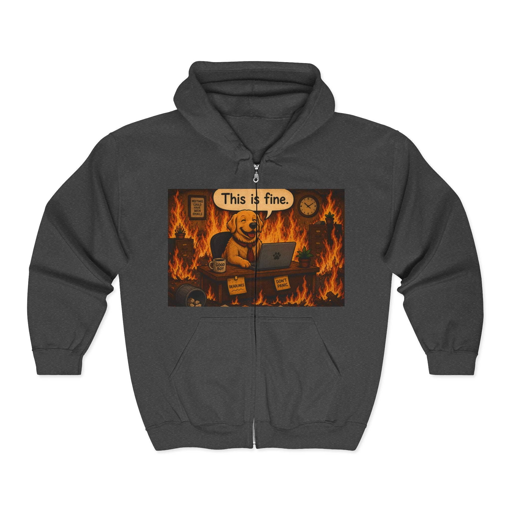 "This Is Fine" DOG at Desk | HY Graphic Zip-Up Hoodie